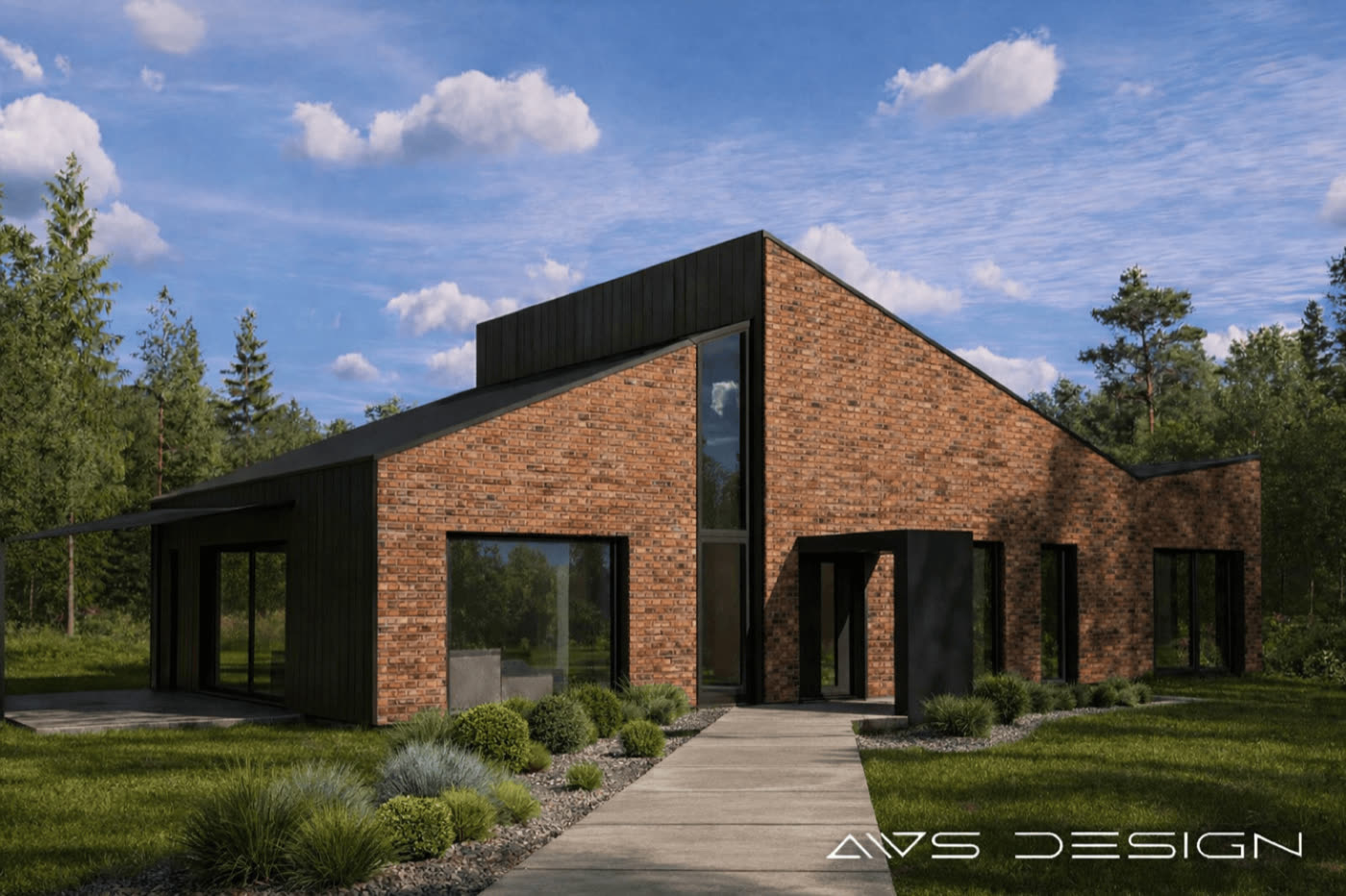 Wizualizacja parterowego domu z cegły i czarnego drewna w otoczeniu lasu — projekt AWS DESIGN